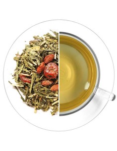 Mezcla de té verde con bayas de goji, cerezas y raíz de ginseng: sabor a cereza y beneficios para la salud en una taza.