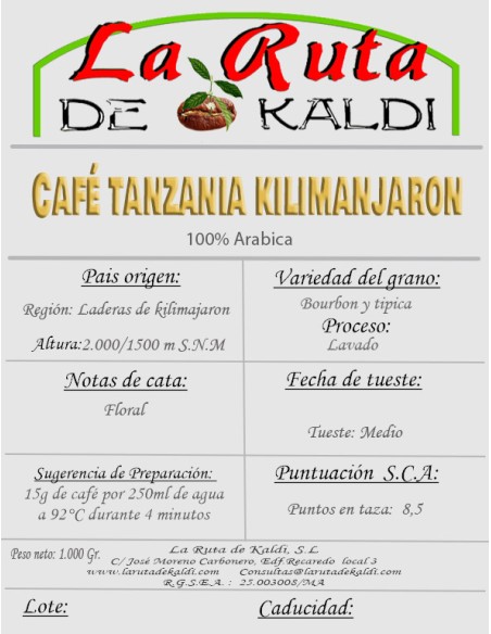 CAFE DE TANZANIA KILIMANJARO Café arábiga de tueste alto un gran cu...